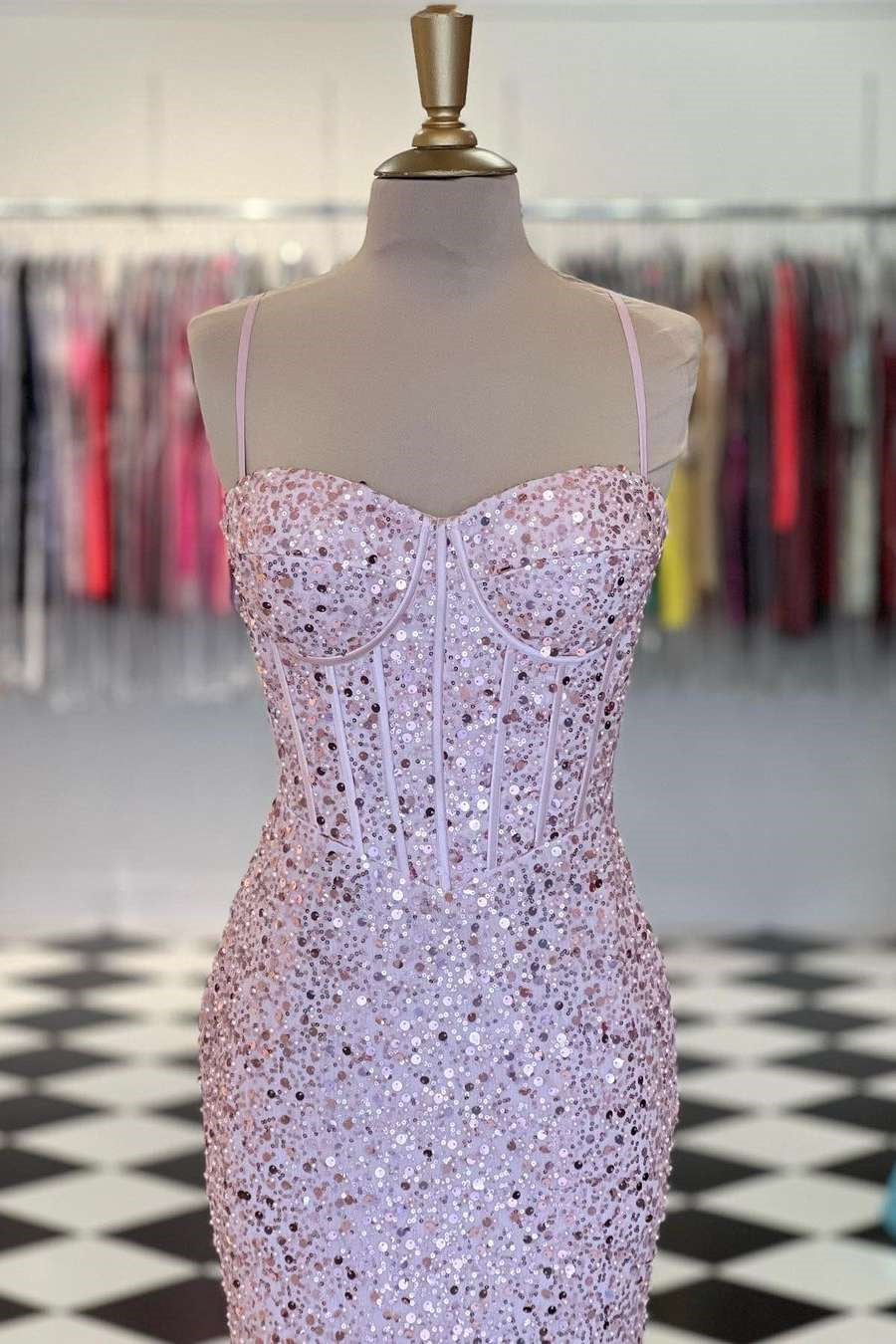 Pink Spaghetti Straps Mermaid Prom Dress Sleeveless Formal Dress With Sequins