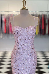 Pink Spaghetti Straps Mermaid Prom Dress Sleeveless Formal Dress With Sequins