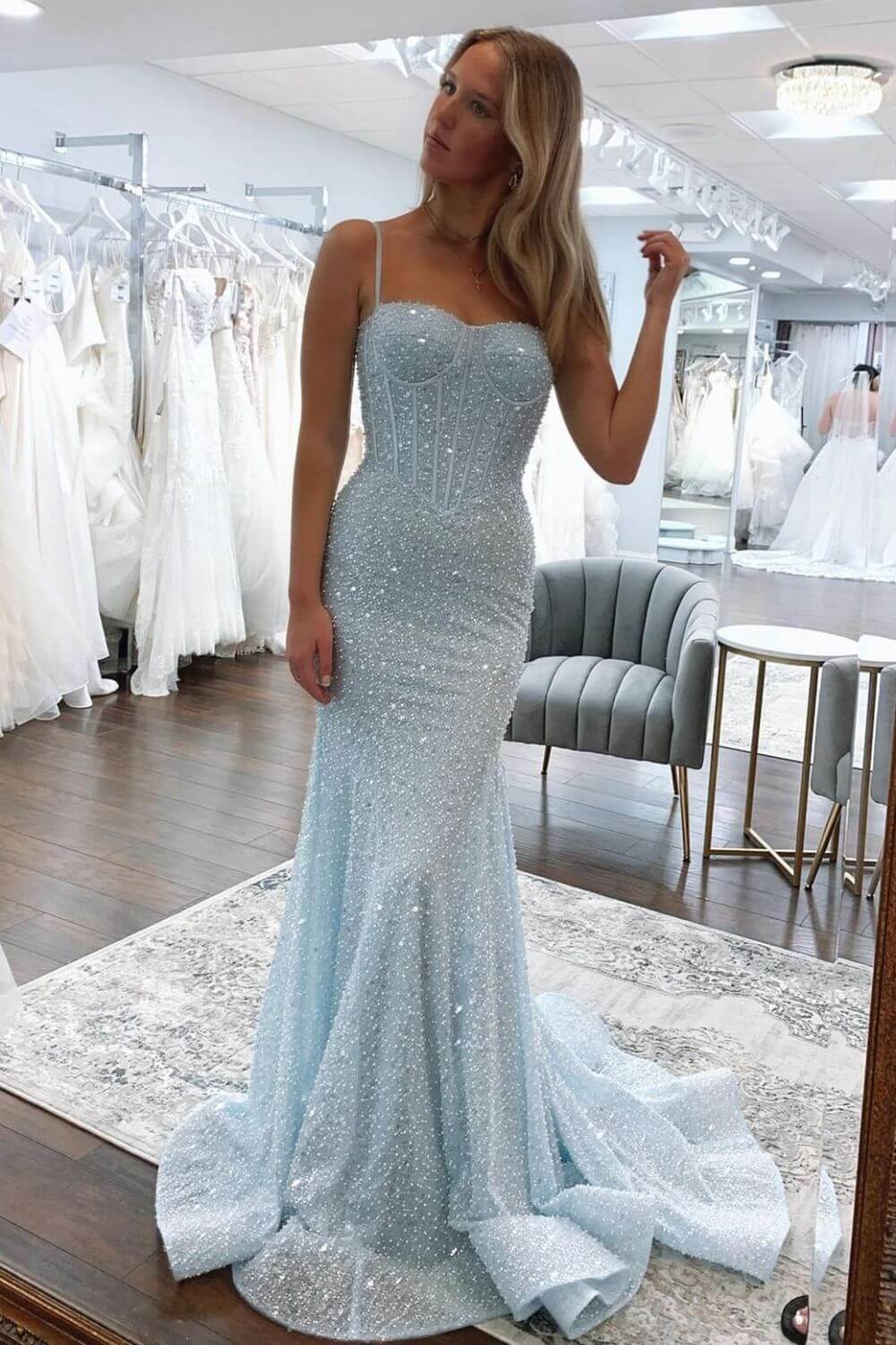 Pink Spaghetti Straps Mermaid Prom Dress Sleeveless Formal Dress With Sequins