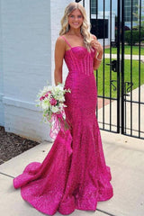 Pink Spaghetti Straps Mermaid Prom Dress Sleeveless Formal Dress With Sequins
