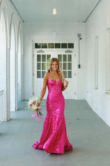 Pink Spaghetti Straps Mermaid Prom Dress Sleeveless Formal Dress With Sequins