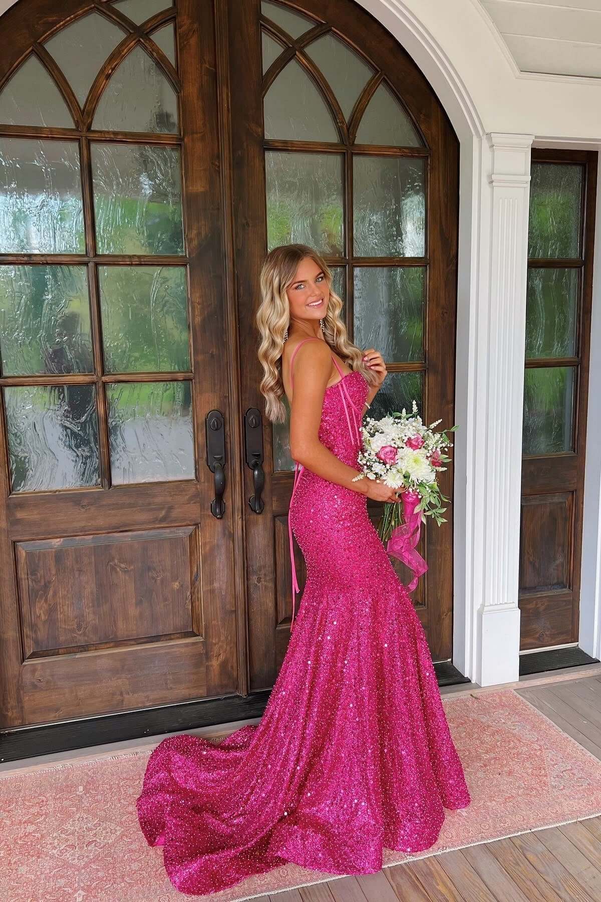 Pink Spaghetti Straps Mermaid Prom Dress Sleeveless Formal Dress With Sequins