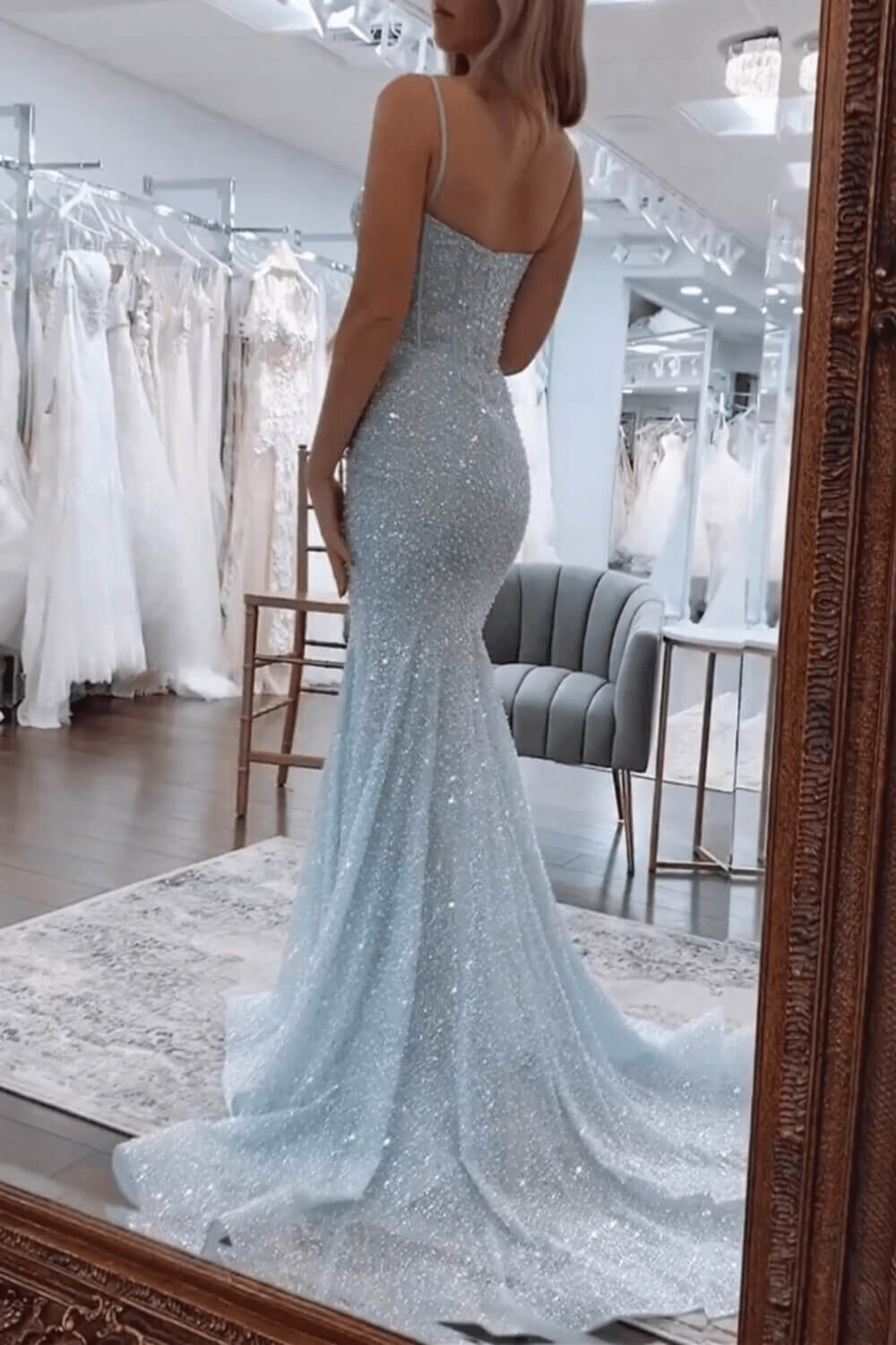 Pink Spaghetti Straps Mermaid Prom Dress Sleeveless Formal Dress With Sequins