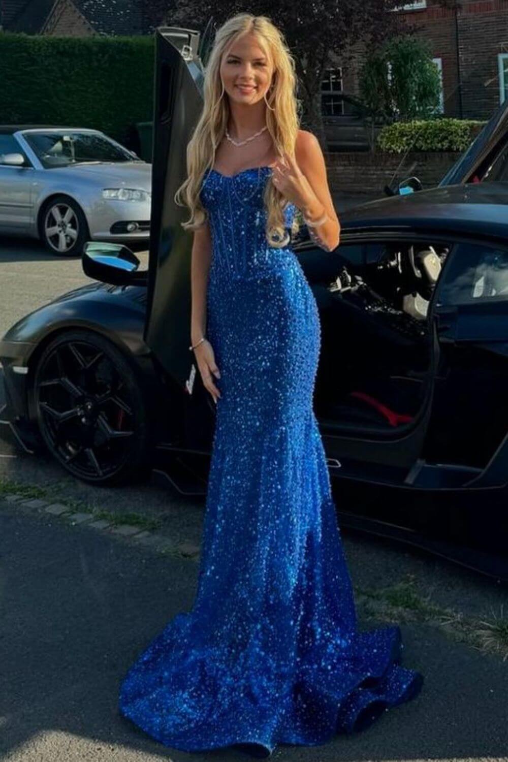 Pink Spaghetti Straps Mermaid Prom Dress Sleeveless Formal Dress With Sequins