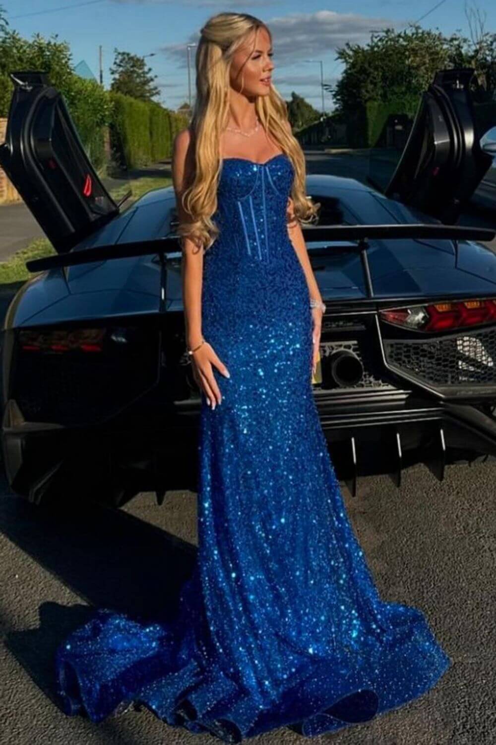 Pink Spaghetti Straps Mermaid Prom Dress Sleeveless Formal Dress With Sequins