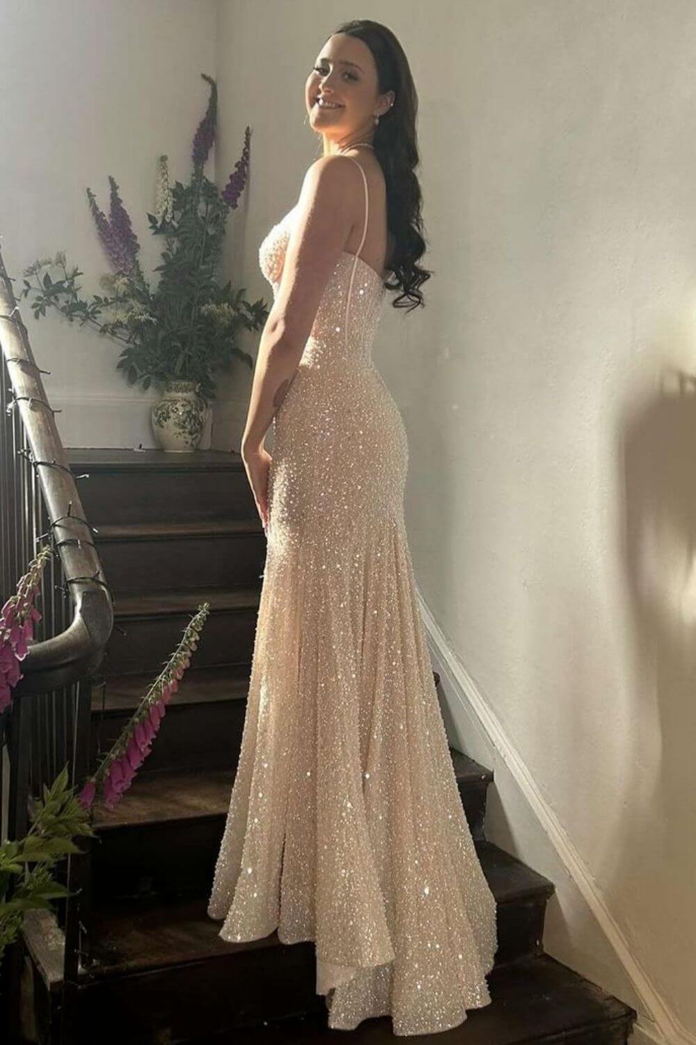 Pink Spaghetti Straps Mermaid Prom Dress Sleeveless Formal Dress With Sequins