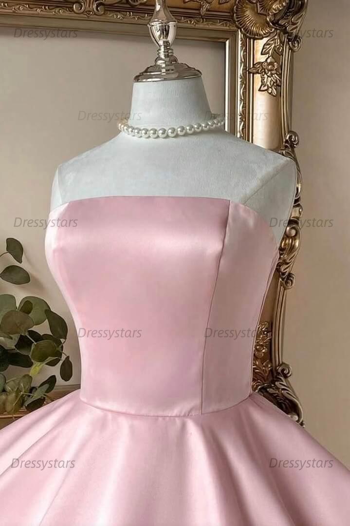 Pink Strapless A-Line Homecoming Dress with Bow & Ruffle Hem