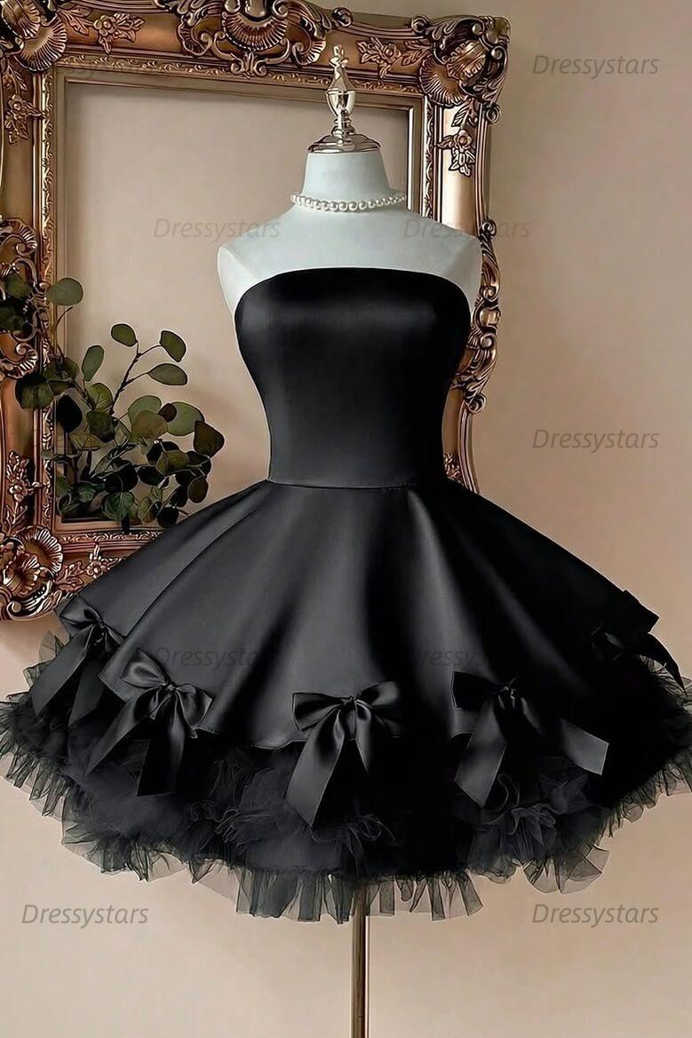 Pink Strapless A-Line Homecoming Dress with Bow & Ruffle Hem