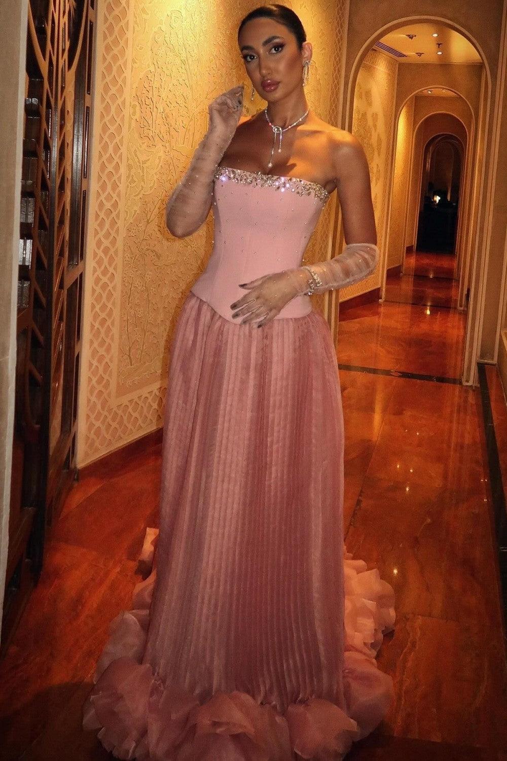 Dressystars Pink Strapless Corset Prom Dress With Beaded Bodice And Tulle Skirt Formal Evening Gown