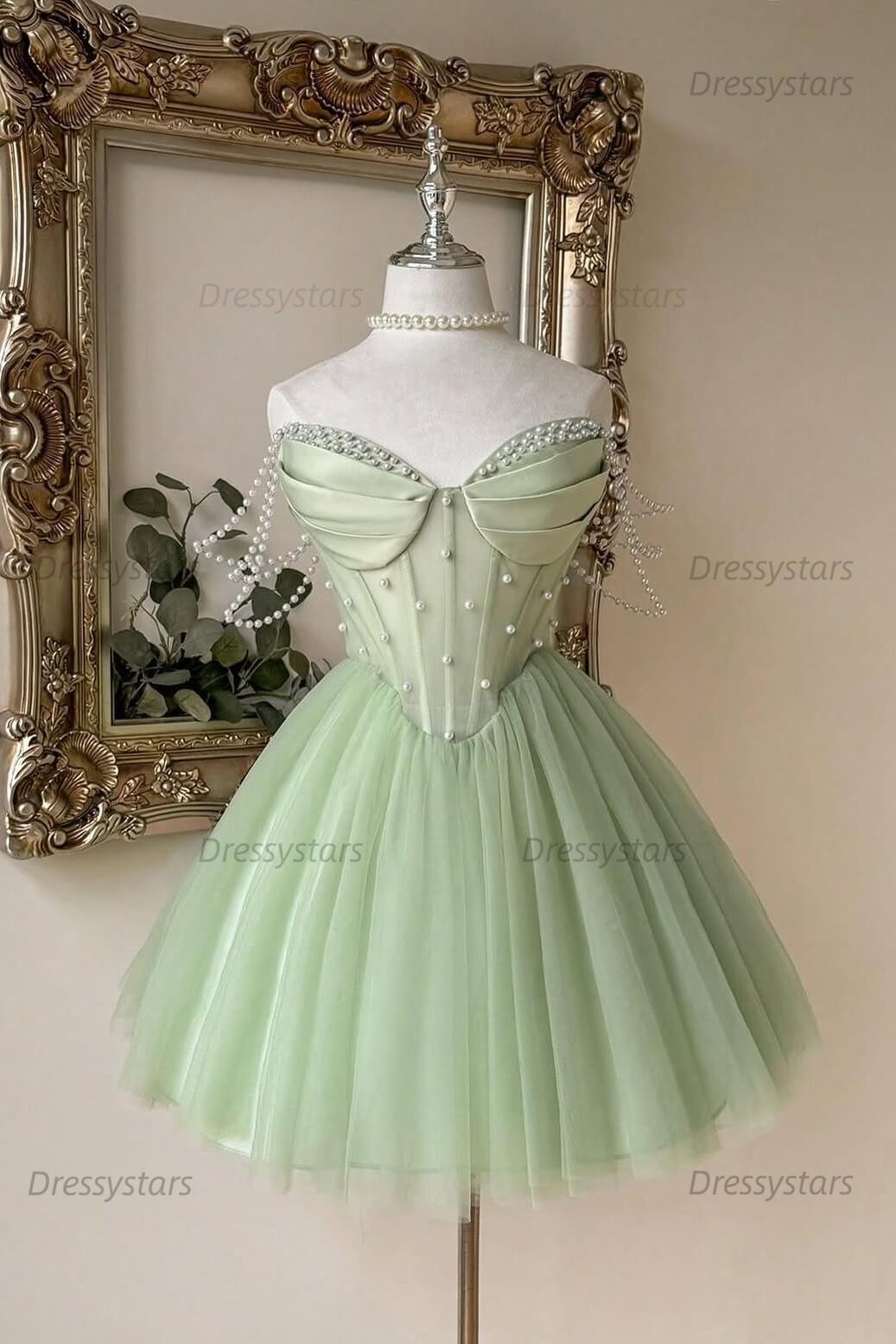 Pink Sweetheart Corset A-Line Homecoming Dress with Pearl Straps