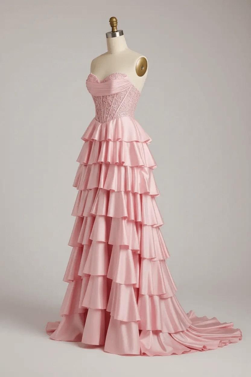 Pink Sweetheart Neck Prom Dress Satin Lace A Line Tiered Formal Dress