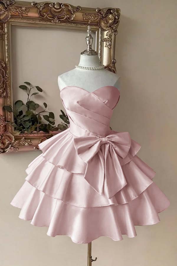 Pink Tiered Homecoming Dress Sleeveless Sweetheart Satin Cocktail Dress
