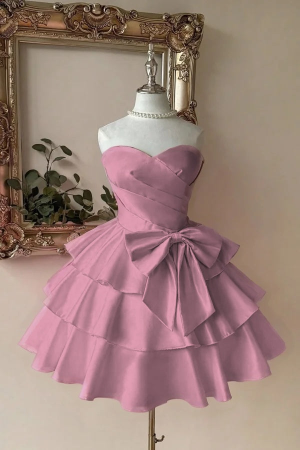Pink Tiered Homecoming Dress Sleeveless Sweetheart Satin Cocktail Dress