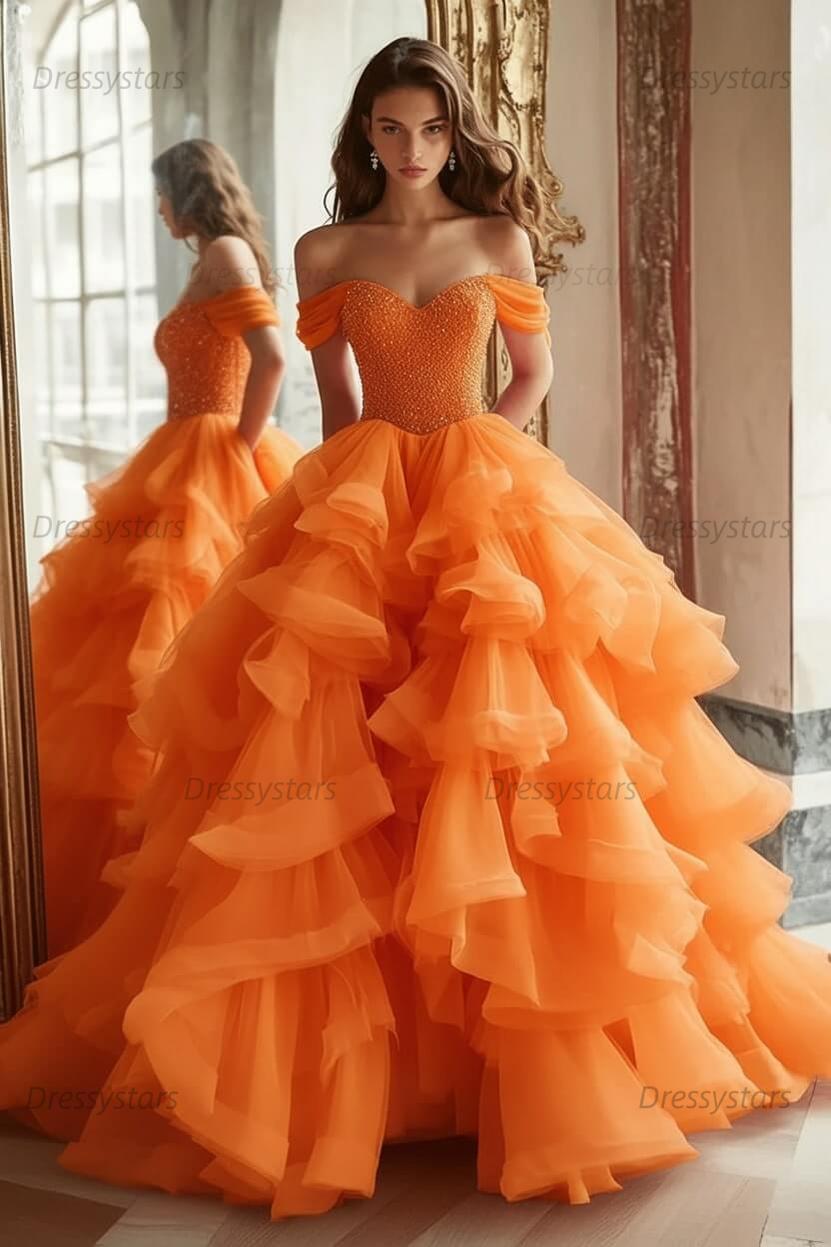 Pink Tiered Prom Dress Off the Shoulder A Line Formal Dress