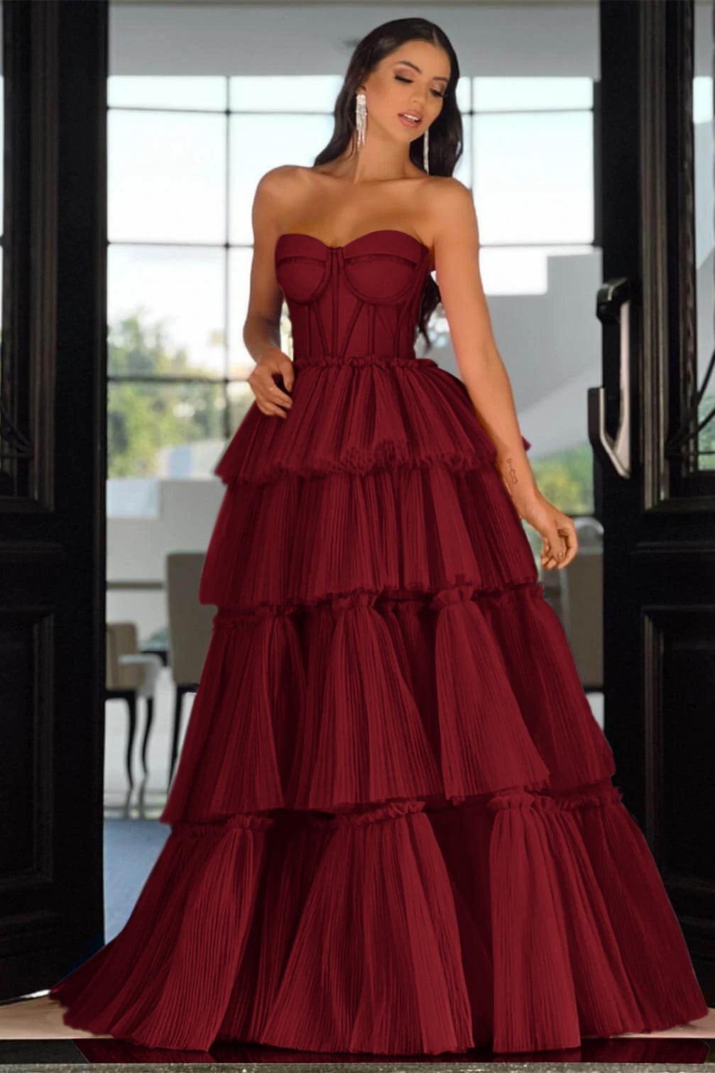 Pink Tiered Prom Dress Sleeveless Sweetheart Formal Dress
