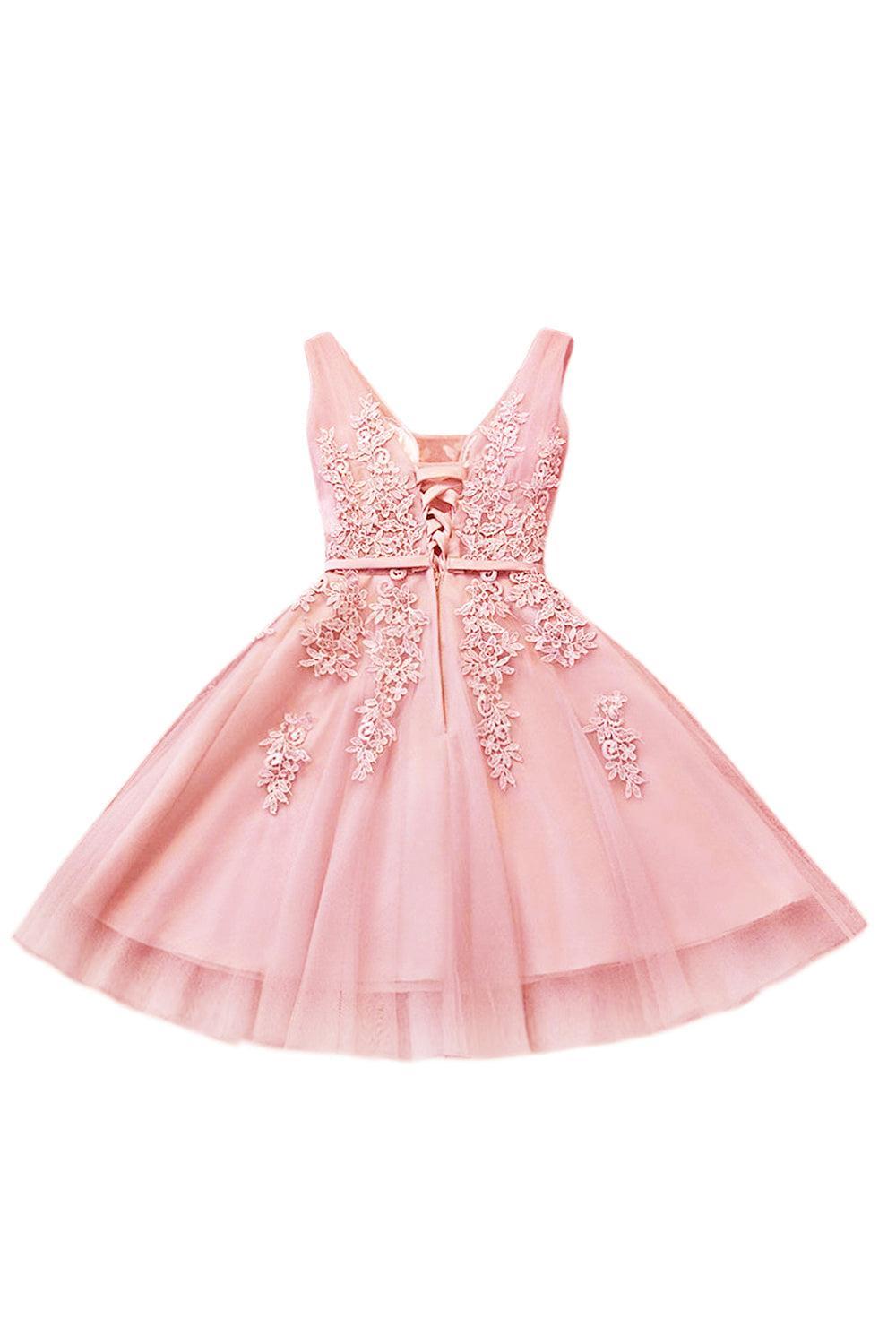 Pink Tulle Homecoming Dress A Line Sleeveless Short Prom Dress with Appliques