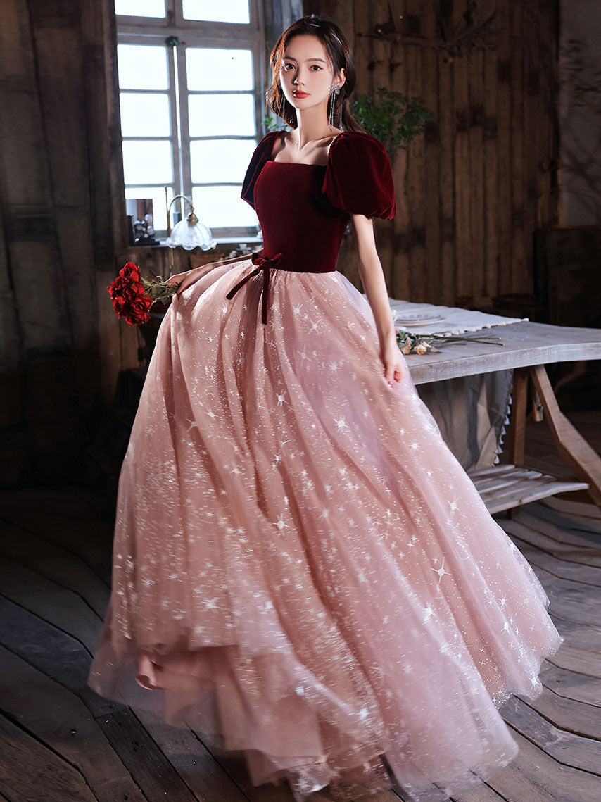 Pink Velvet Formal Dress A Line Tulle Long Evening Dress