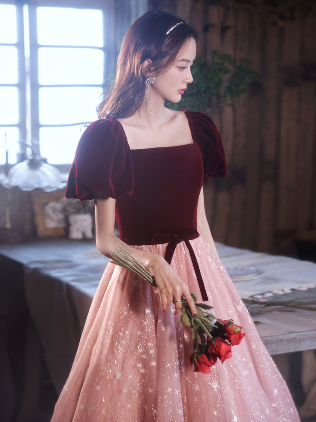Pink Velvet Formal Dress A Line Tulle Long Evening Dress