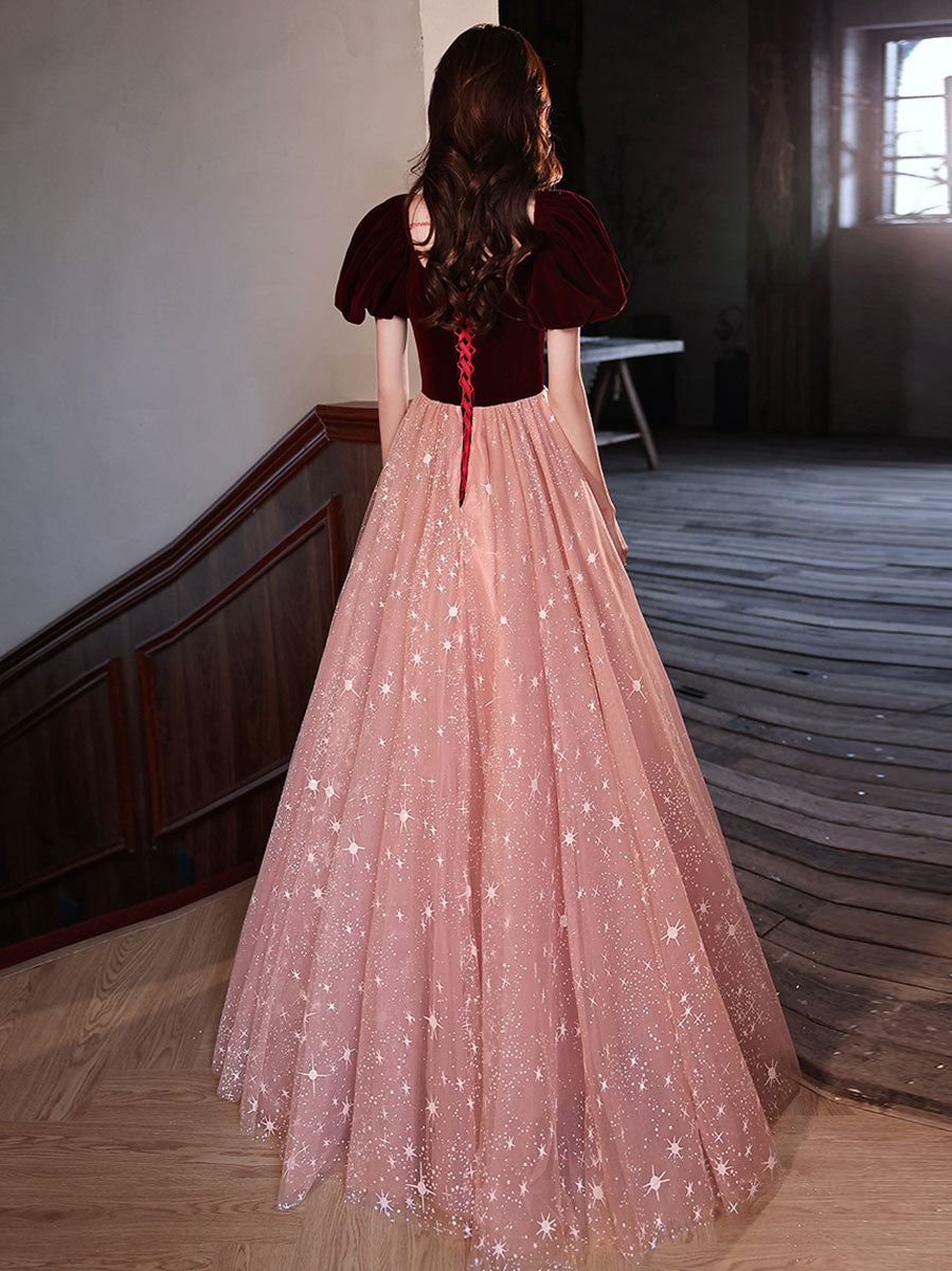 Pink Velvet Formal Dress A Line Tulle Long Evening Dress