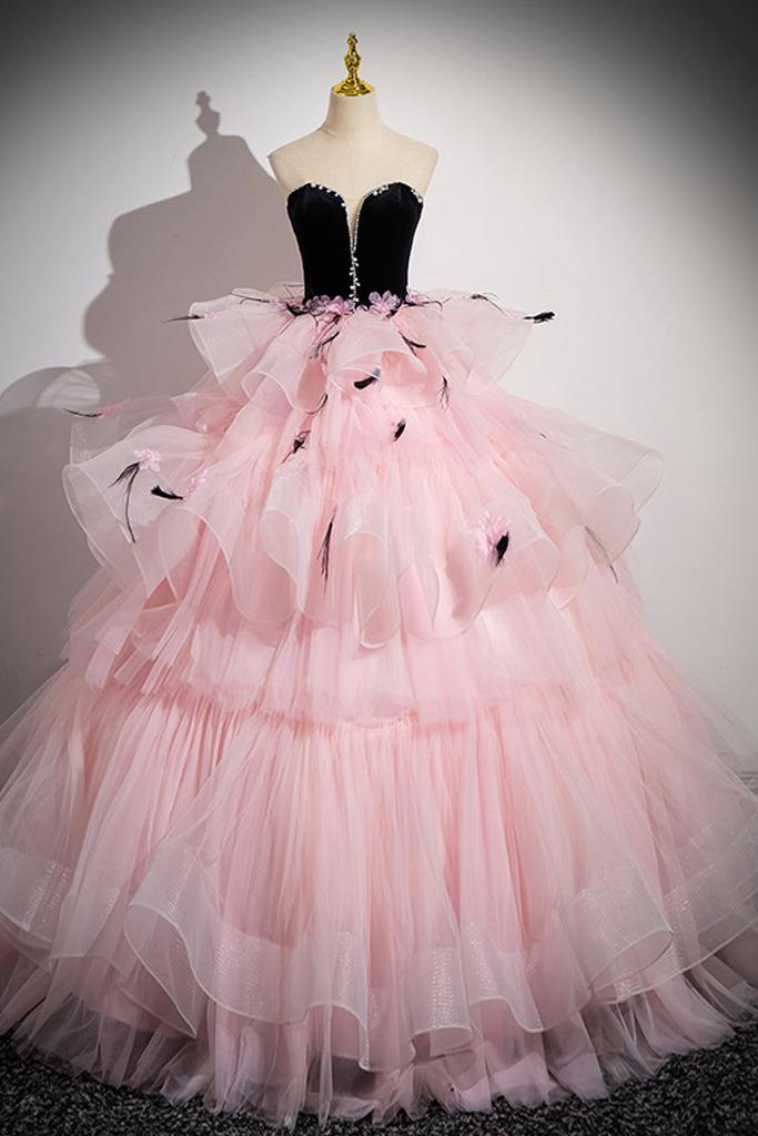 Pink Velvet Formal Dress Sweetheart Neck Tulle Long Prom Gown Evening Dress