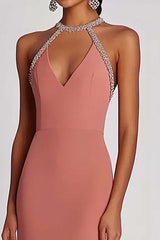 Pink Wedding Guest Dress Halter Neck Sheath Long Formal Dress With Beading