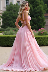 Pink Wedding Guest Dress Pleated A Line Spaghetti Straps Long Formal Dress