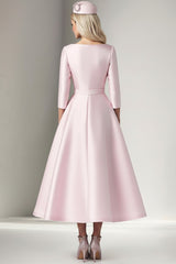 Dressystars Pink Wedding Guest Dress Satin A Line Tea Length Formal Dress With 3/4 Sleeves