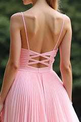 Pink Wedding Guest Dress V-Neck A Line Ruched Long Formal Dress