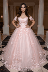Dressystars Pink Quinceanera Dress Lace Appliques Ball Gown Off the Shoulder Sweet 16 Dress