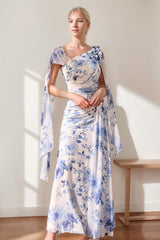 Pleated Floral Printed V-Neck A-Line/Princess Mother of the Bride Dress with Ruffles & 3D Flowers