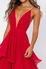 Pleated Long Red Wedding Guest Dress V-Neck Chiffon Formal Dress