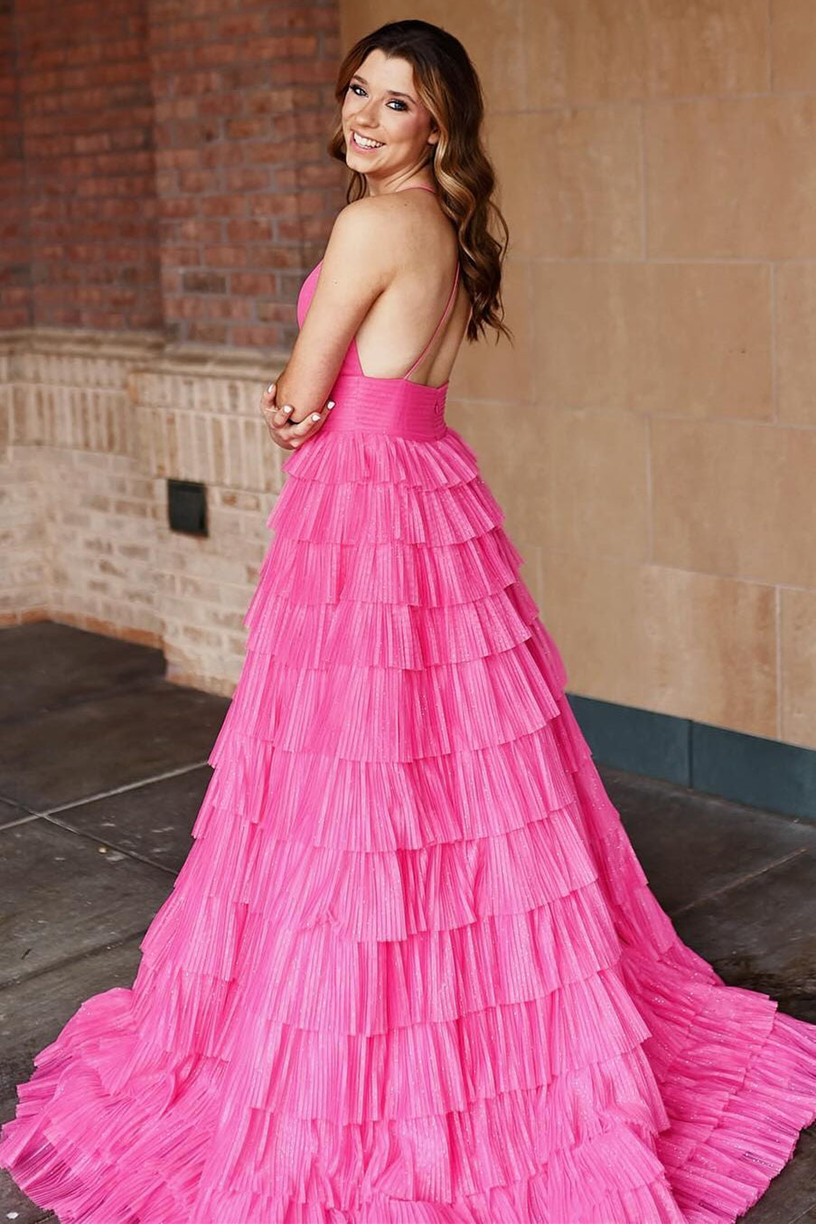 Pleated Magenta Prom Dress Straps Ruffle Layered Formal Dress Evening Dress