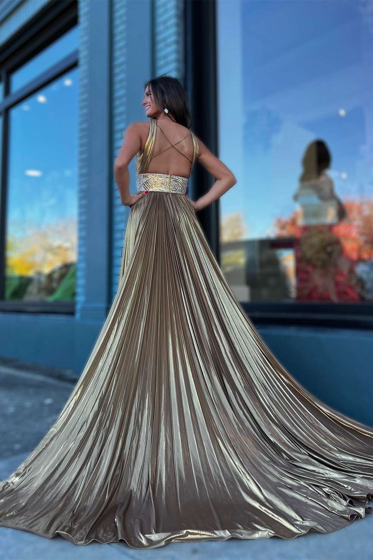 Pleated Prom Dress Criss Cross Straps Metallic Long Evening Dress