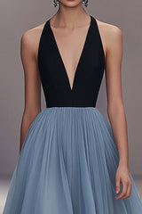Pleated Tulle V Neck Black Blue Wedding Guest Dress Long Formal Dress