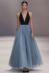 Pleated Tulle V Neck Black Blue Wedding Guest Dress Long Formal Dress