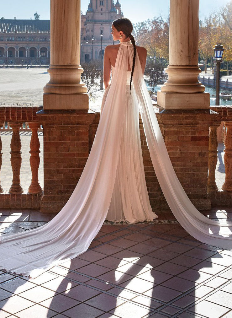 Plunge A Line Chiffon Pleated Wedding Dress