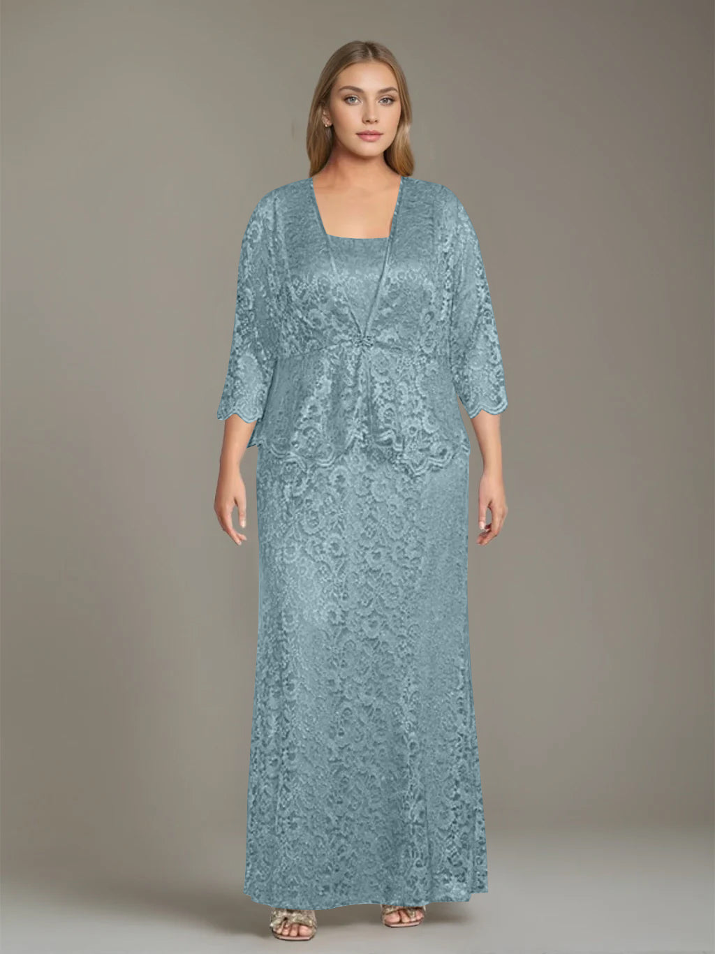 Plus Size 2-Piece Mother of the Bride Dress Set with Square Neck and Floor-Length Sheath
