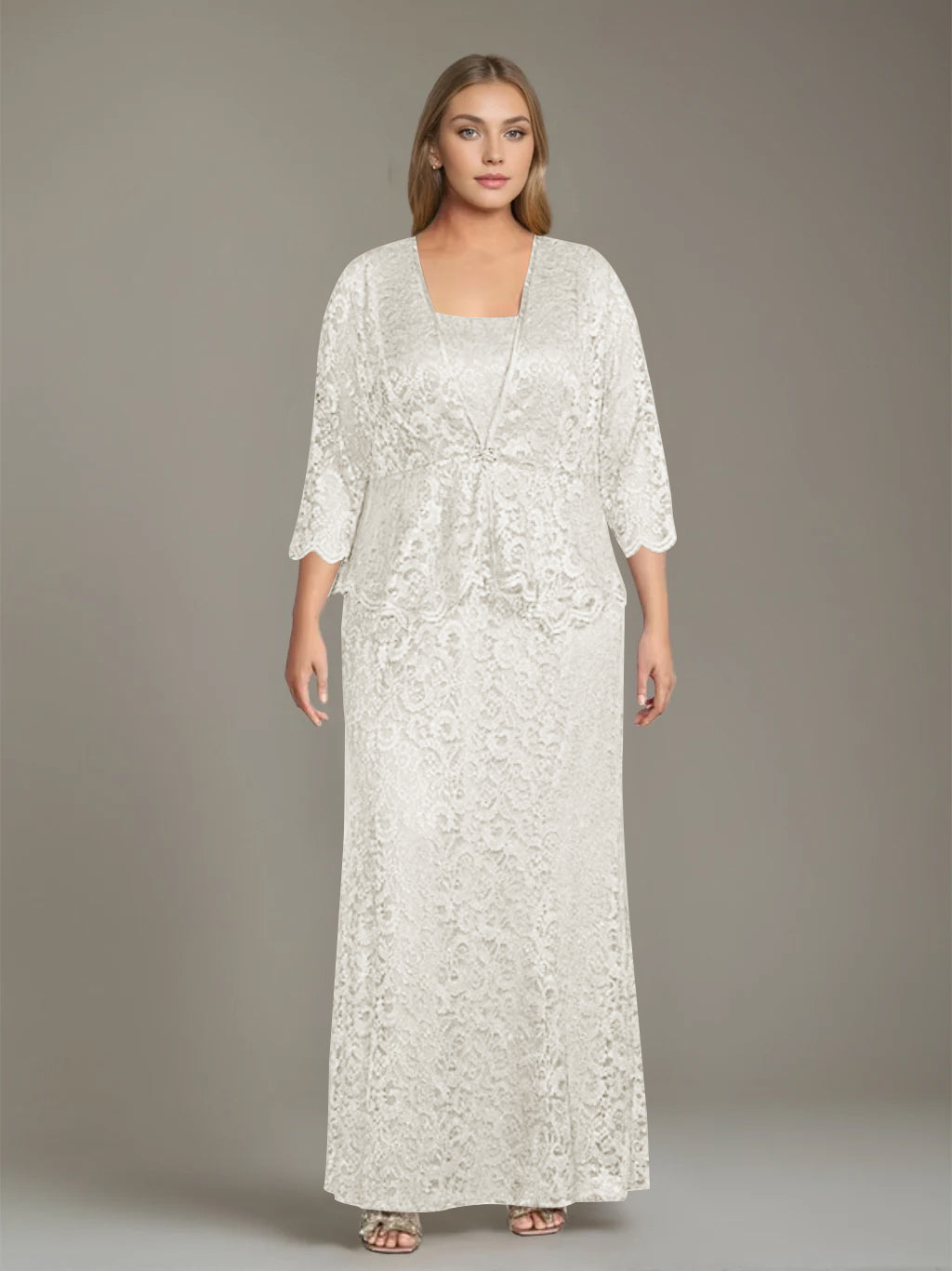 chinese dress ladies Ink Blue Mock Two-Piece Lace Bodice 3/4 Length Sleeves Chiffon Mother Of  The Bride Dress main image 1