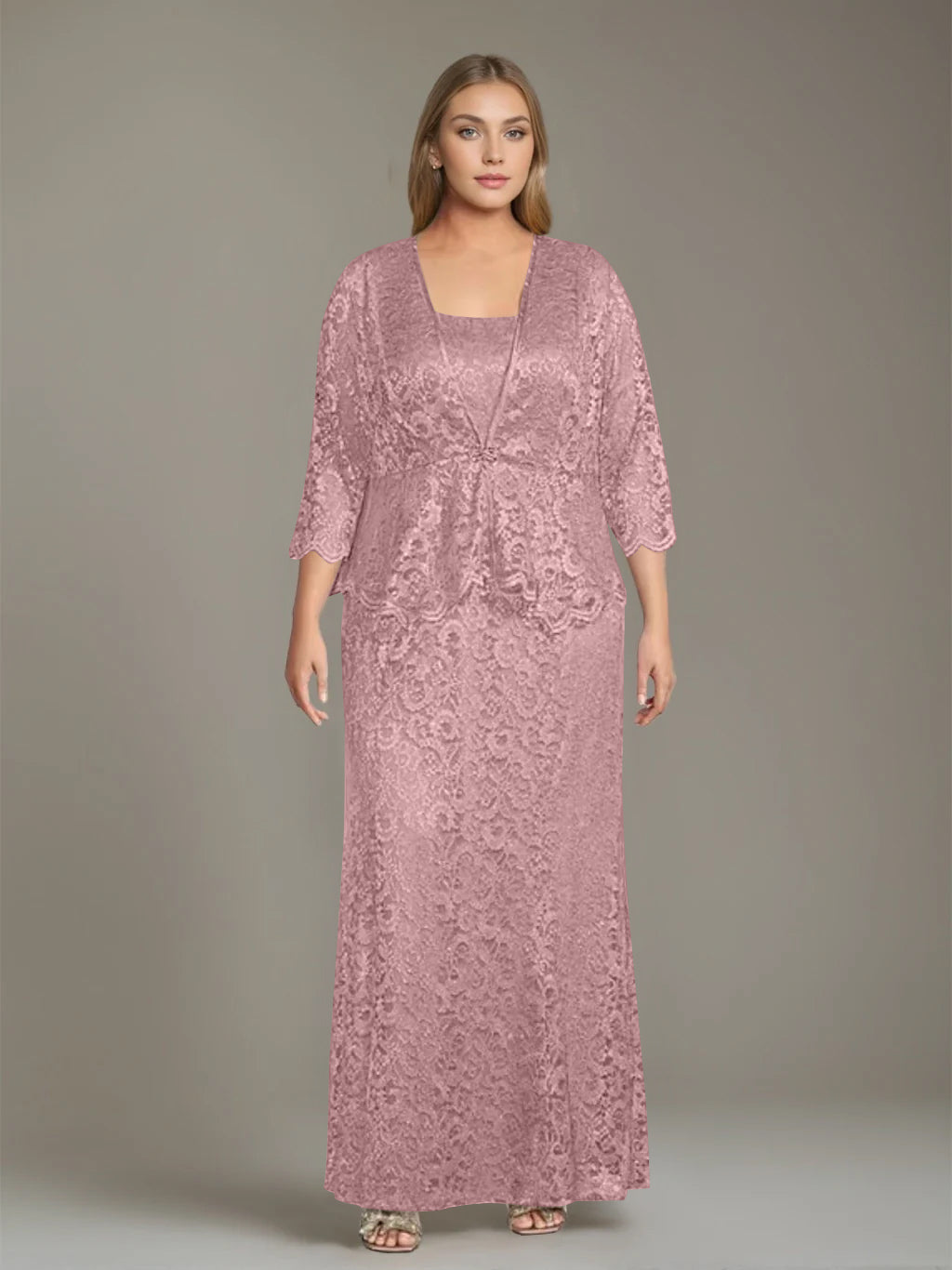 Plus Size 2-Piece Mother of the Bride Dress Set with Square Neck and F Dressystars Plus Size 2-Piece Mother of the Bride Dress Set with Square Neck and F Dressystars