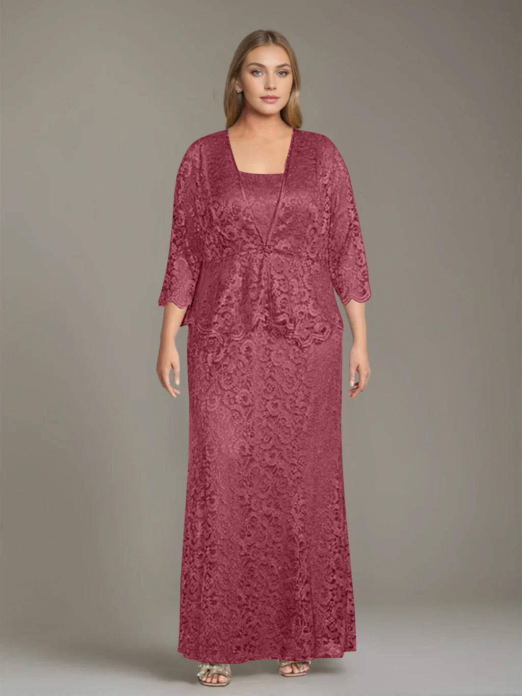Plus Size 2-Piece Mother of the Bride Dress Set with Square Neck and Floor-Length Sheath