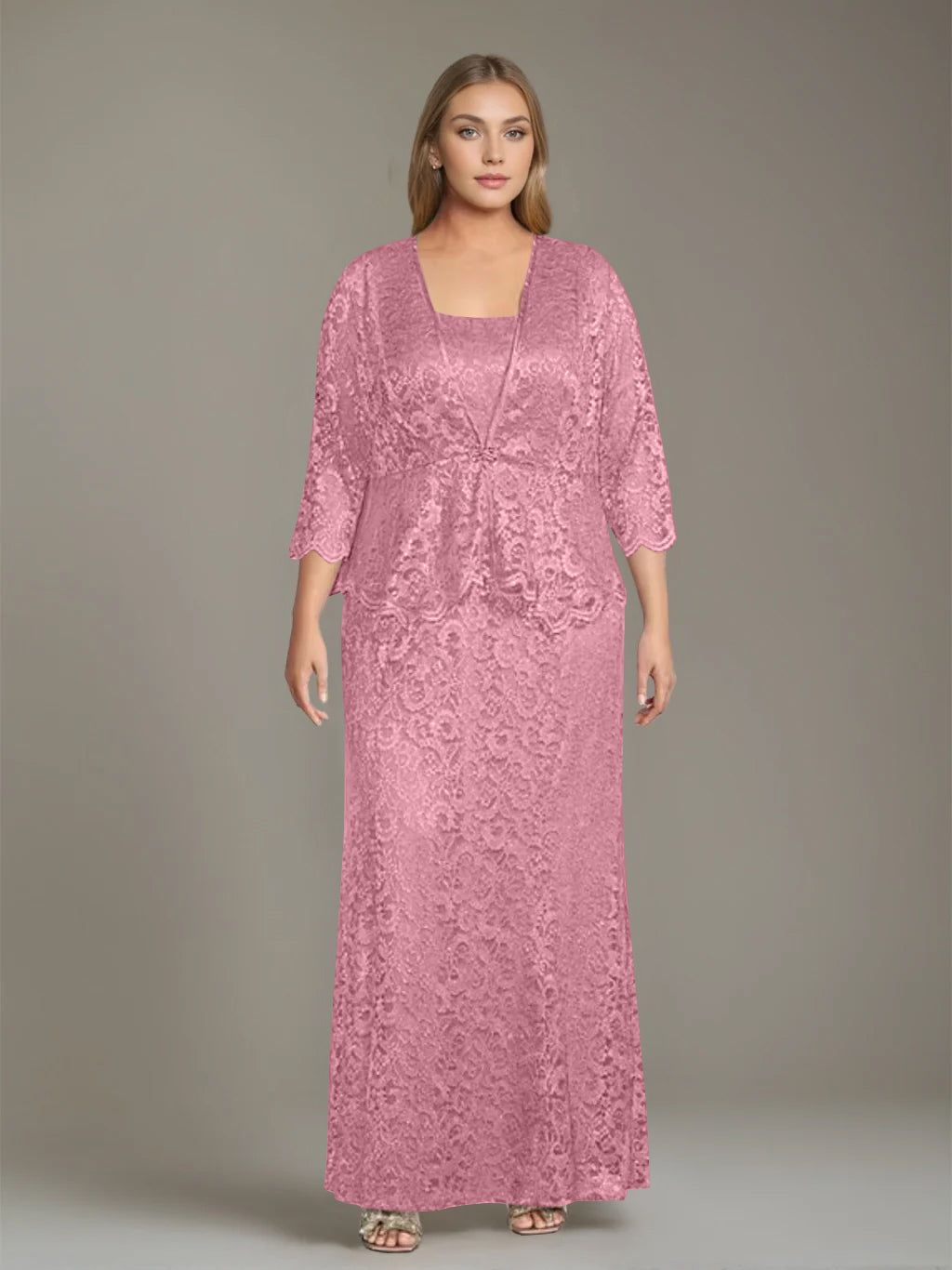 Plus Size 2-Piece Mother of the Bride Dress Set with Square Neck and Floor-Length Sheath