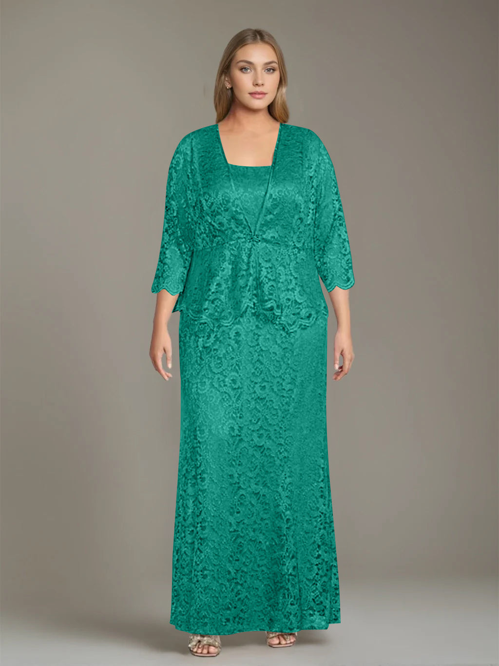 Plus Size 2-Piece Mother of the Bride Dress Set with Square Neck and Floor-Length Sheath