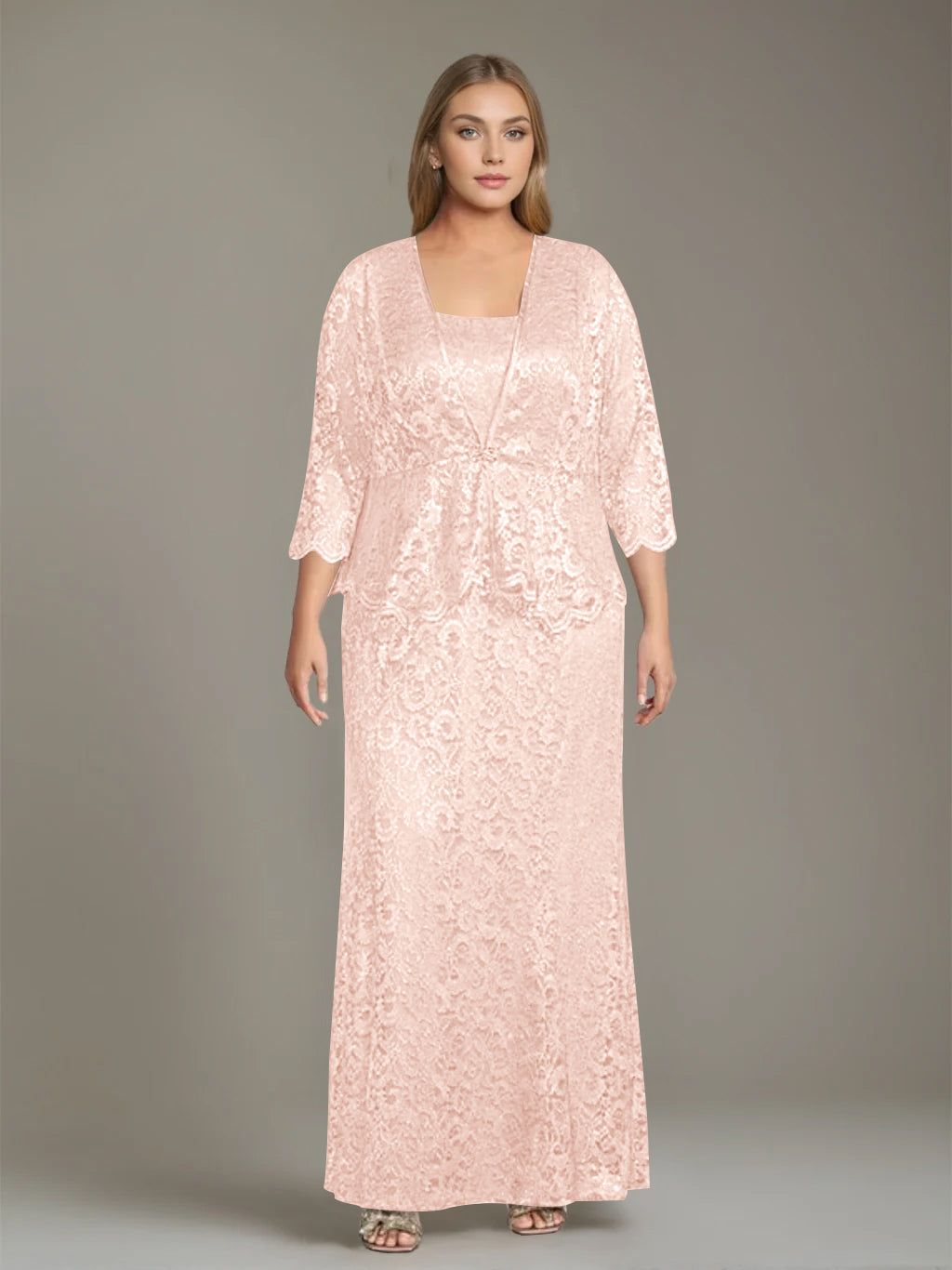 Plus Size 2-Piece Mother of the Bride Dress Set with Square Neck and Floor-Length Sheath