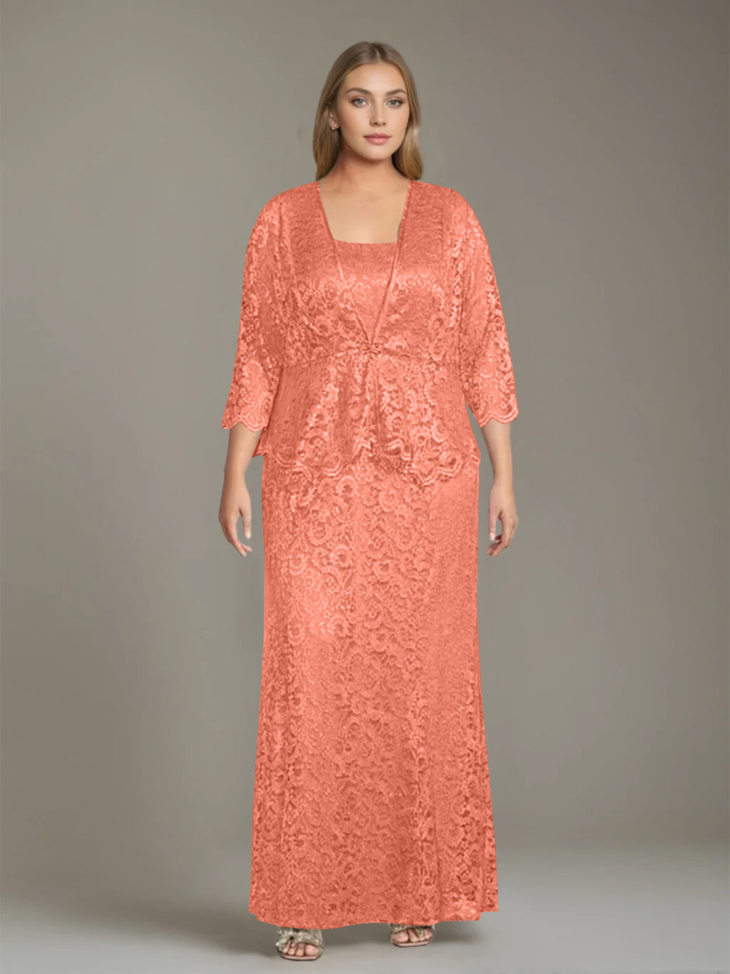 Plus Size 2-Piece Mother of the Bride Dress Set with Square Neck and Floor-Length Sheath