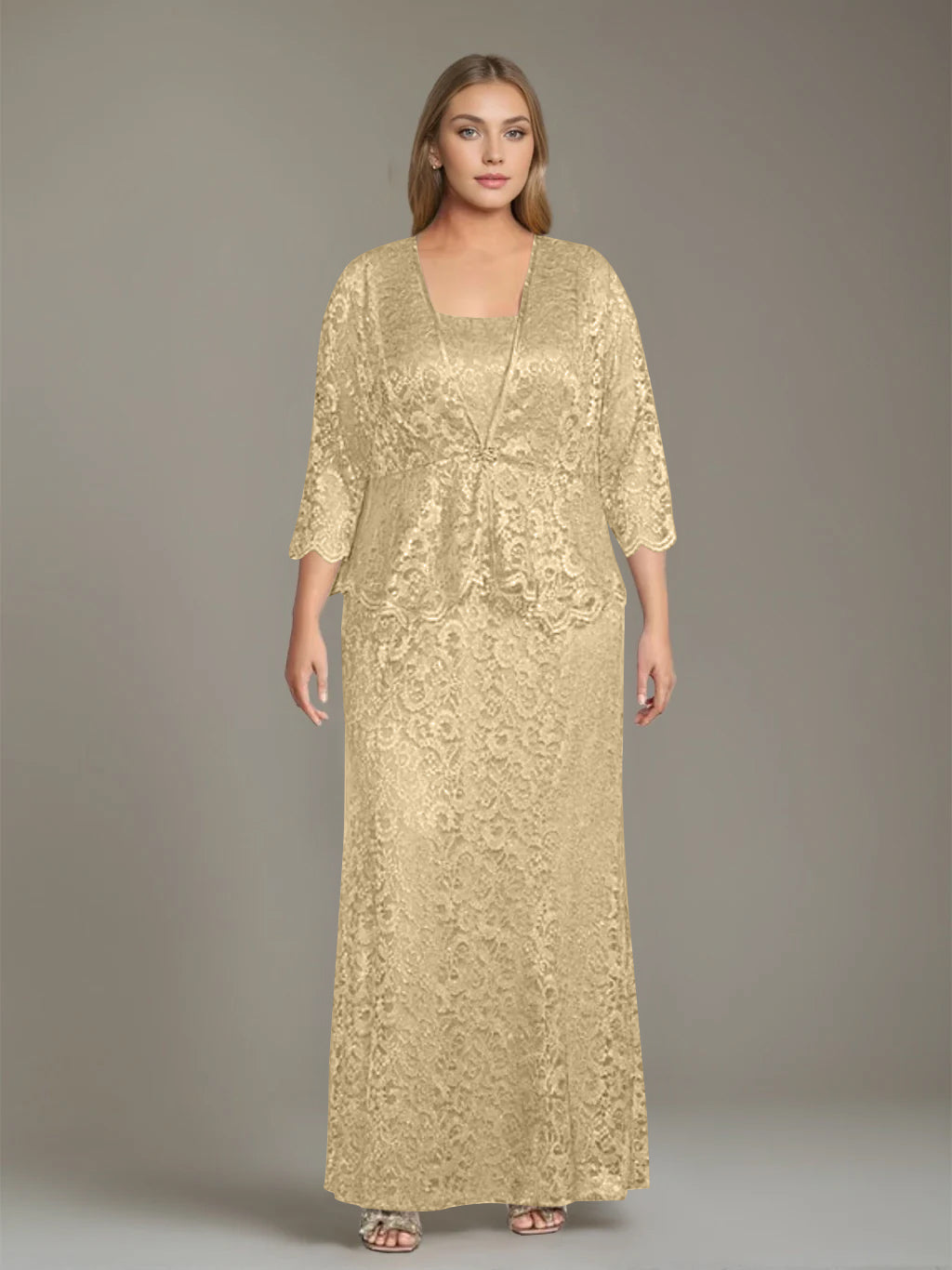 Plus Size 2-Piece Mother of the Bride Dress Set with Square Neck and F – Dressystars Plus Size 2-Piece Mother of the Bride Dress Set with Square Neck and F – Dressystars