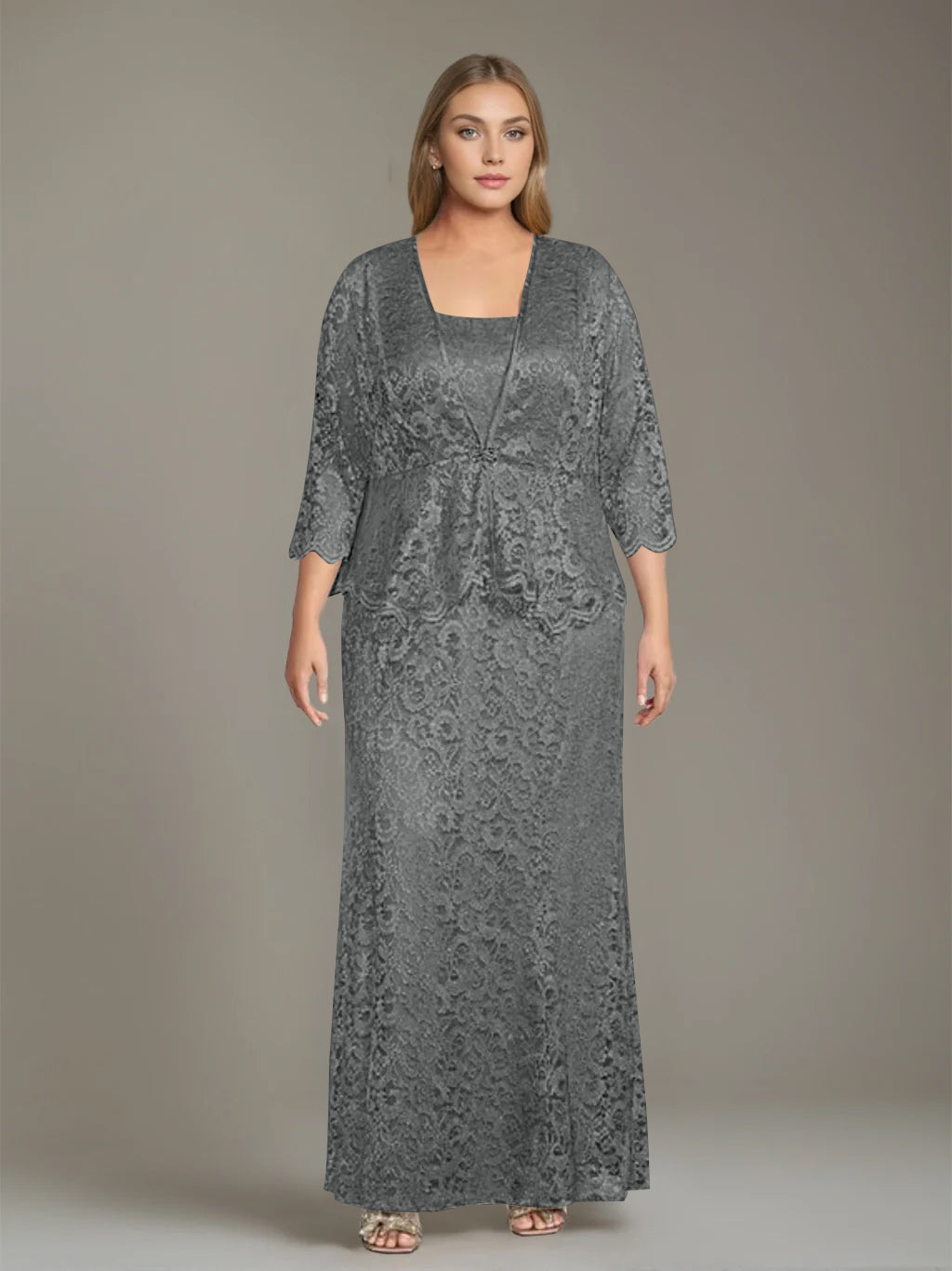 Plus Size 2-Piece Mother of the Bride Dress Set with Square Neck and Floor-Length Sheath