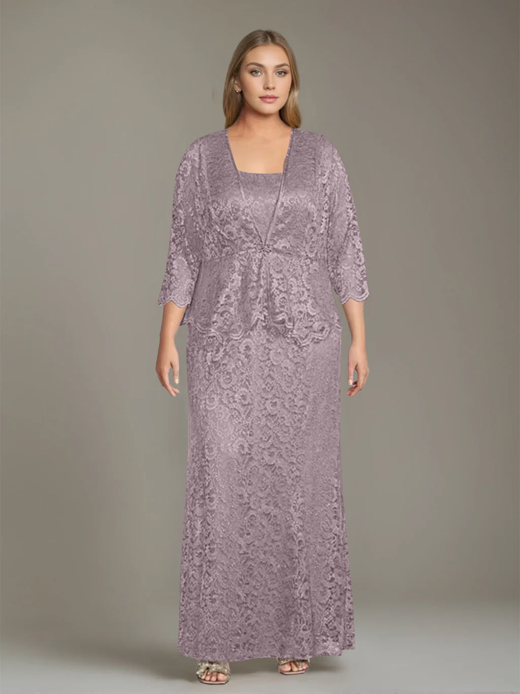 Plus Size 2-Piece Mother of the Bride Dress Set with Square Neck and Floor-Length Sheath