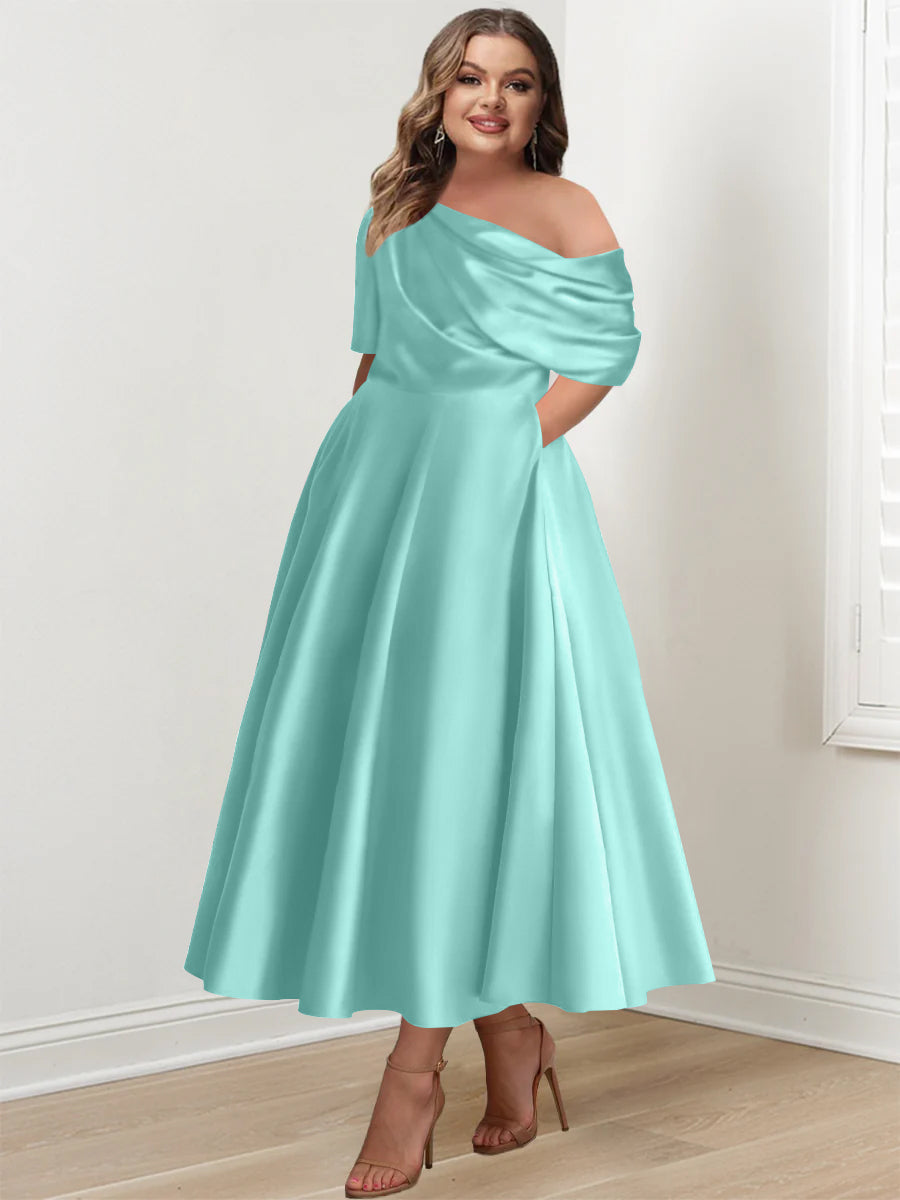 Plus Size A-Line Princess Ankle-Length One-Shoulder Mother of the Bride Dress with Ruffles and Half Sleeves