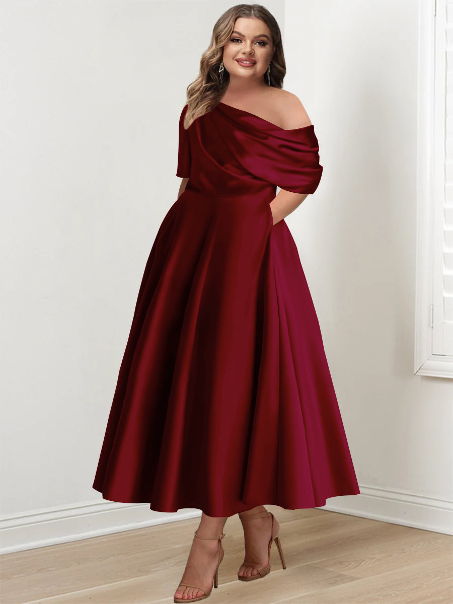Plus Size A-Line Princess Ankle-Length One-Shoulder Mother of the Bride Dress with Ruffles and Half Sleeves