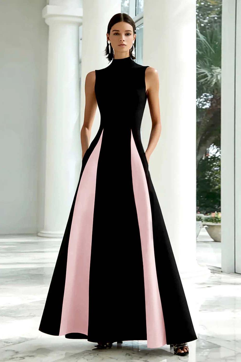 Dressystars Plus Size Black And White A-Line High Neck Long Satin Prom Dress